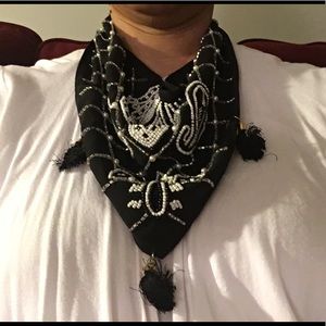 Black scarf with faux pearl and black beads.